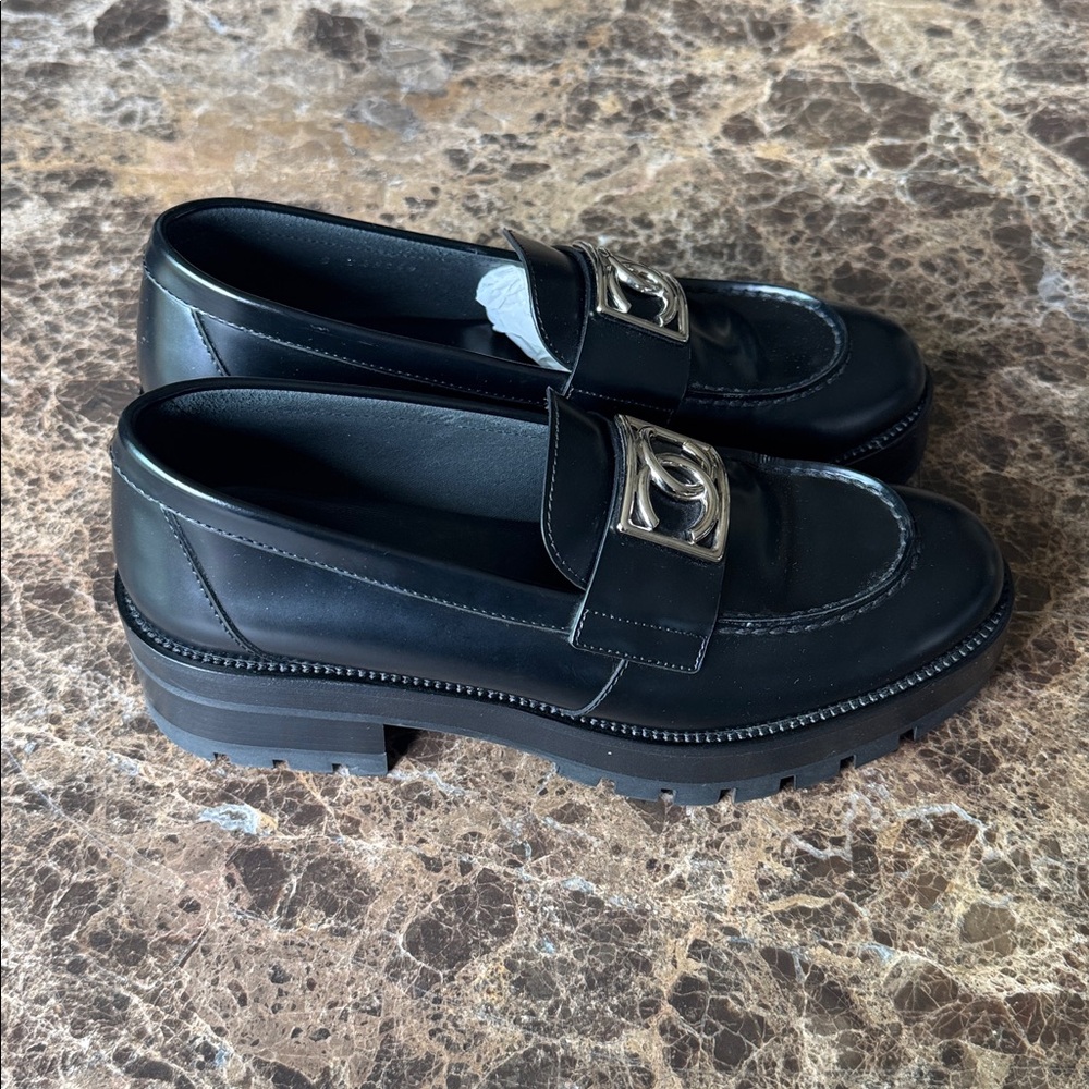 Chanel black shiny calf loafers moccasins chunky flats silver logo sz 37.5 - Picture 3 of 12